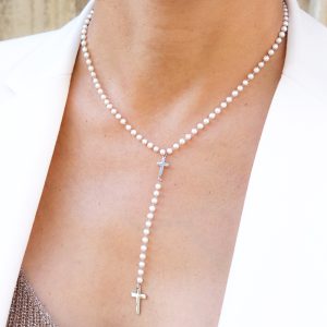 Collier double Croix chaîne nacrée, dorée ou argentée