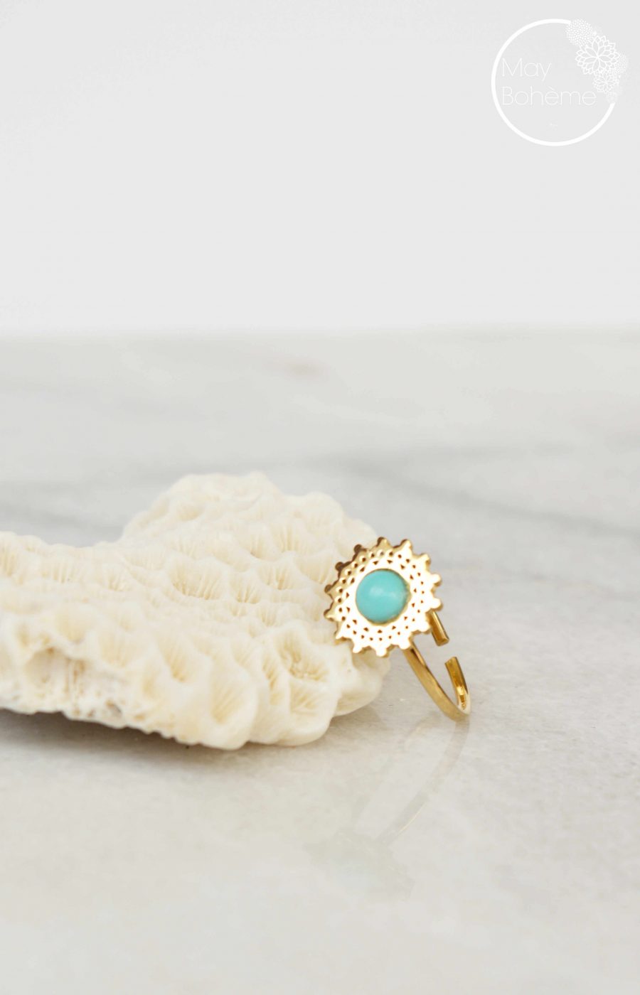 BAGUE SHANIA – Bague ajustable solaire pierre fine acier inoxydable doré – Image 2