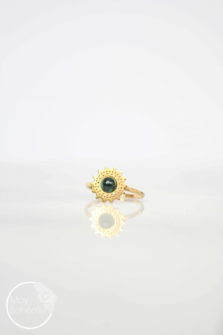 BAGUE SHANIA – Bague ajustable solaire pierre fine acier inoxydable doré – Image 3