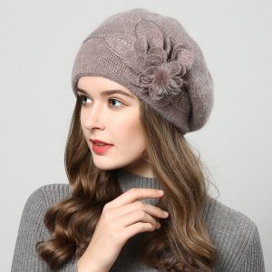 Béret Tricot Fleurs Marron