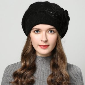 Béret Tricot Fleurs Noir