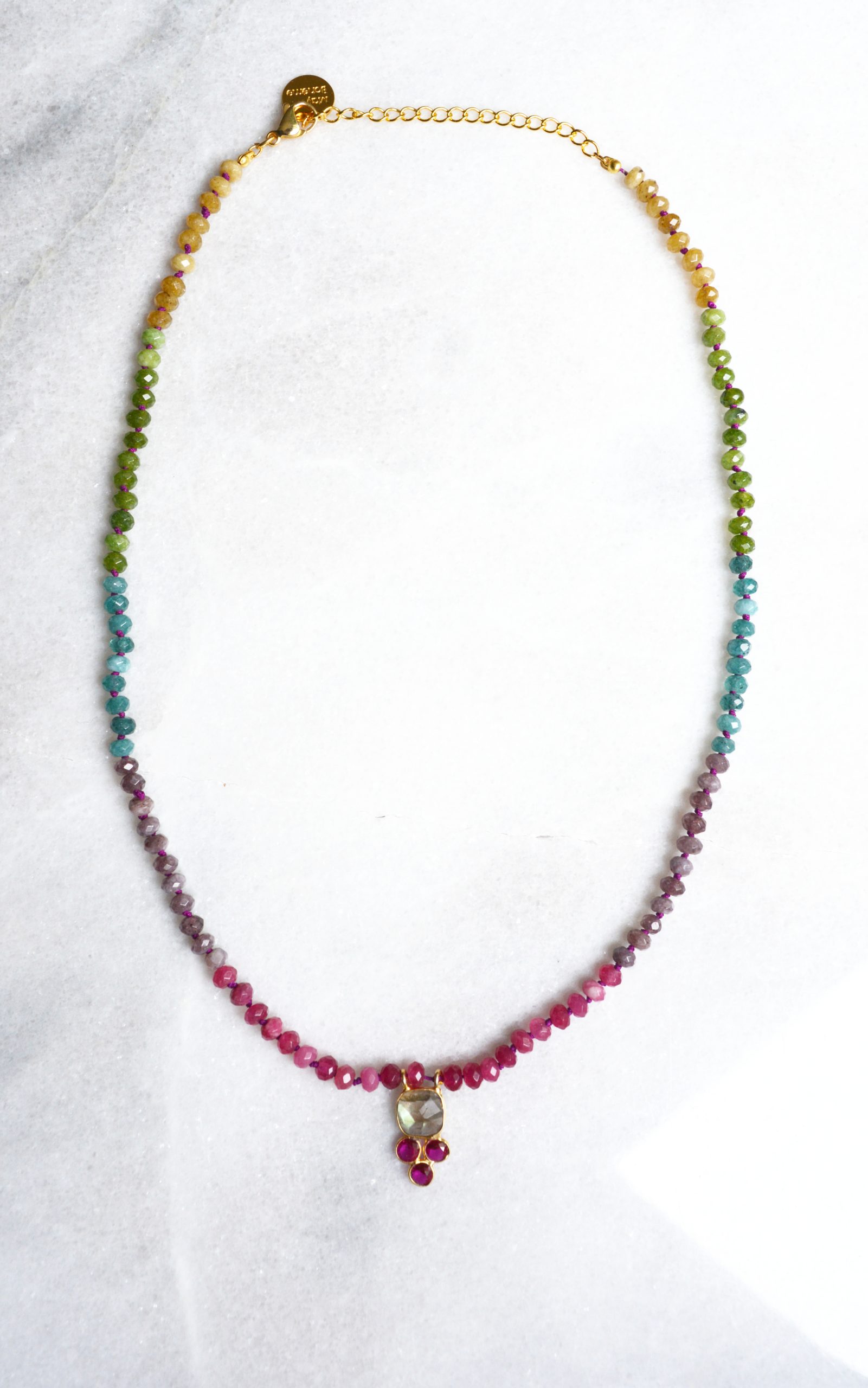 Collier tourmaline multicolore – Pierres fines tourmaline colorées, pendentif indien labradorite
