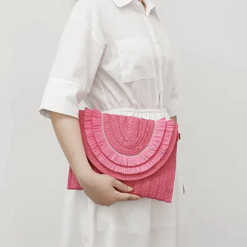 Sac Pochette Paille Franges Bohème – Rose – Image 3