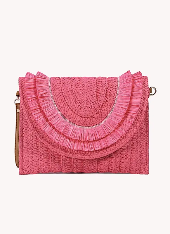 Sac Pochette Paille Franges Bohème – Rose