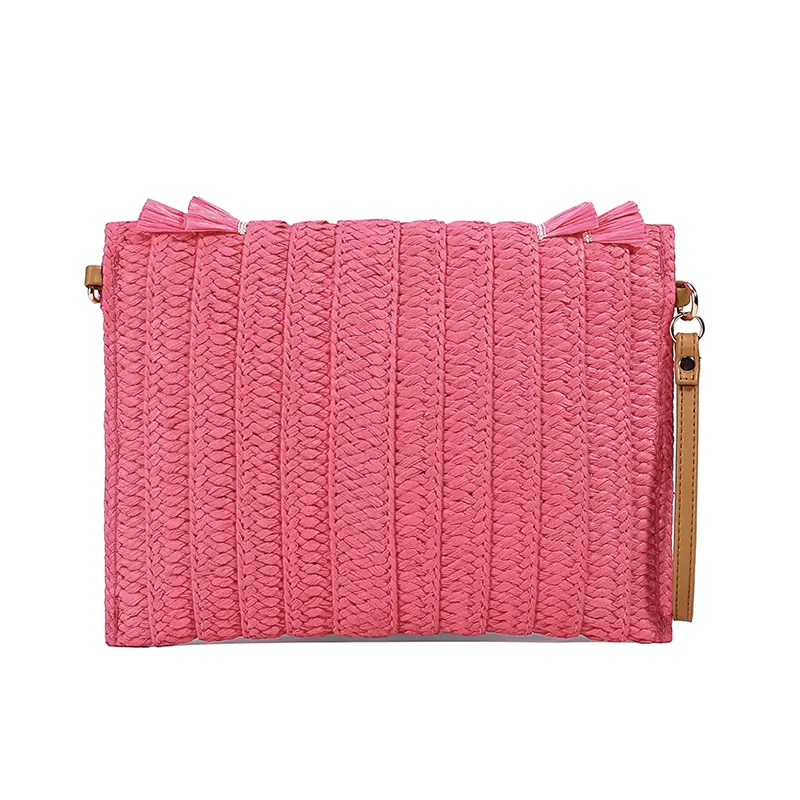 Sac Pochette Paille Franges Bohème – Rose – Image 5