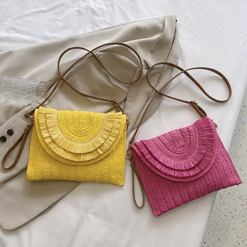 Sac Pochette Paille Franges Bohème – Rose – Image 7